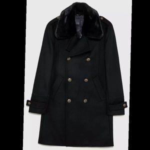 ZARA, Military Coat With Faux Fur Removable Collar in Black, BRAND NEW WITH TAGS